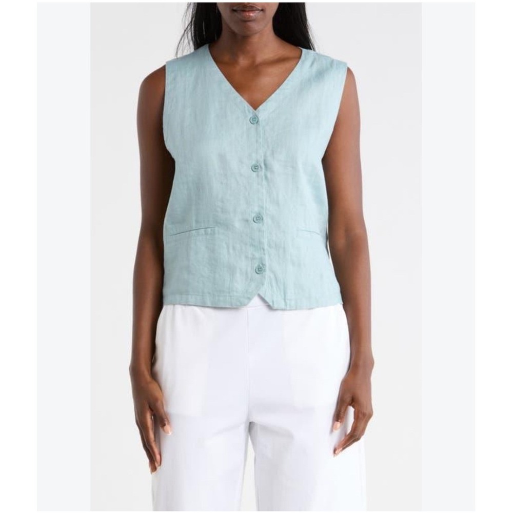 Eileen Fisher Organic Linen Button Front Vest Seafoam Blue Large